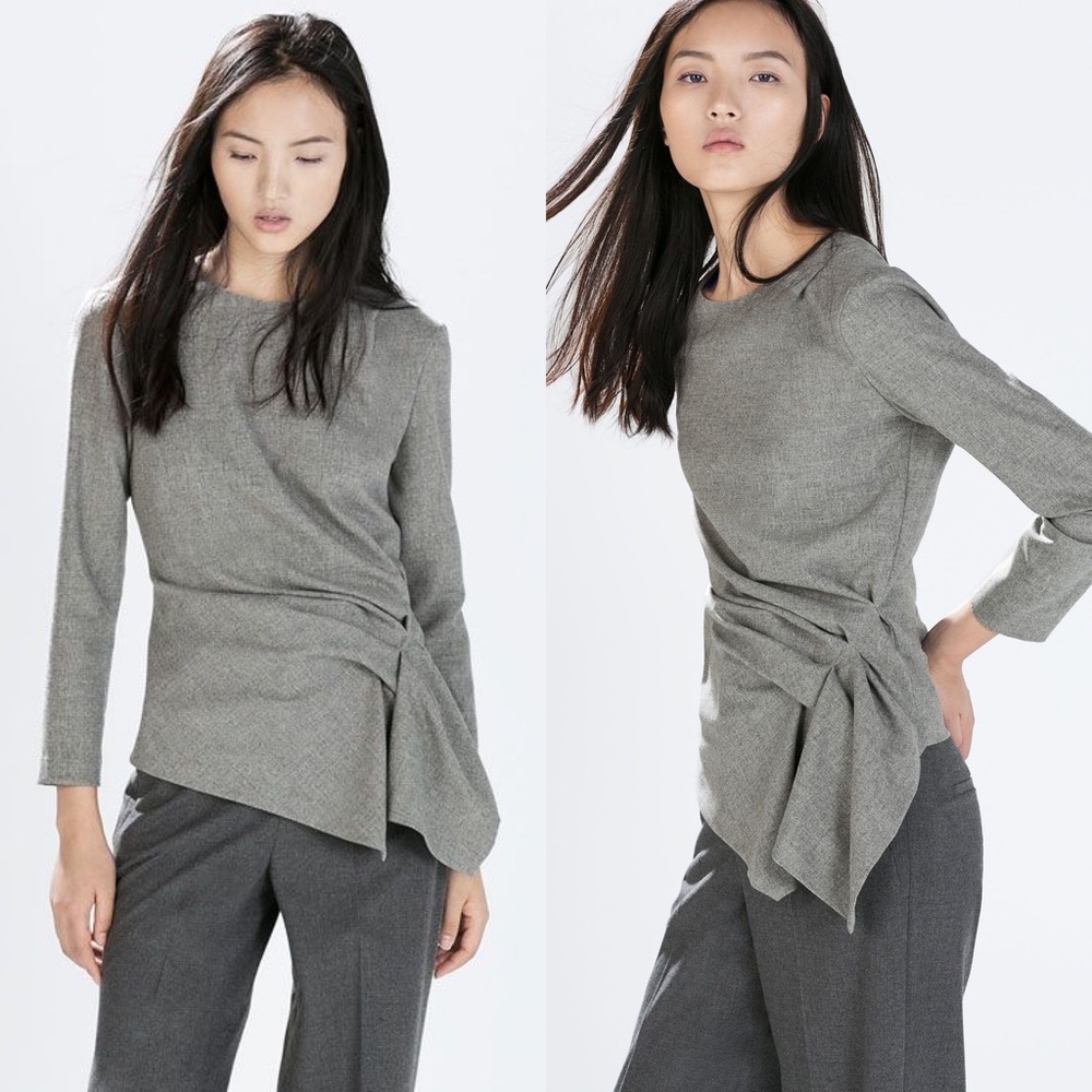 Zara TOP WITH GATHERED SIDE Blouse Top Gray Size XS NEW